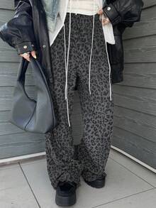 FRIFUL 女式宽松豹纹荷叶边下摆长裤，秋季 - 灰色 - 查看 4