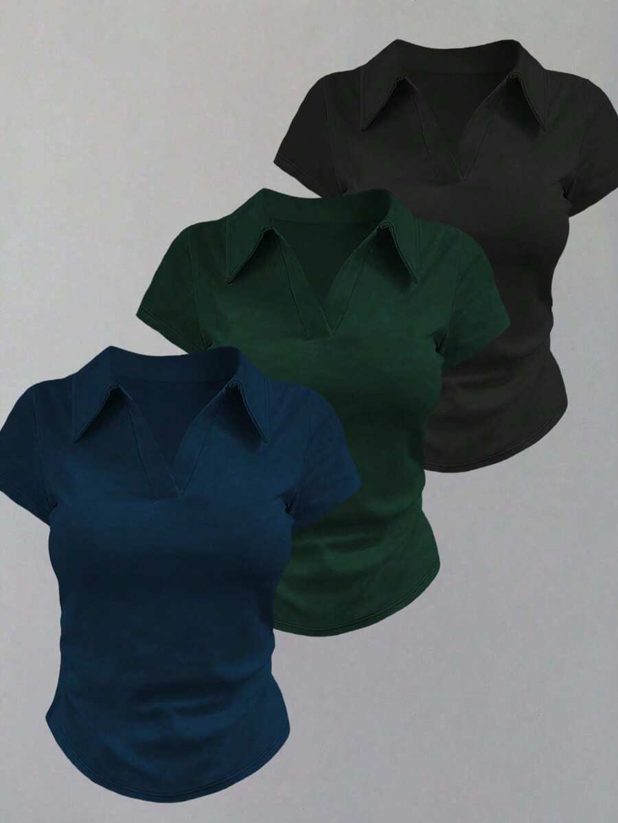 INAWLY Áo thun nữ tay ngắn, đơn sắc, khóa kéo nửa, thoải mái, đa năng, mùa hè - Màu xanh hải quân - Xem 1