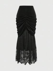 ROMWE EDITION Damen Vintage Palast Romantisch Gotisch Samt Kontrast Spitze Rock