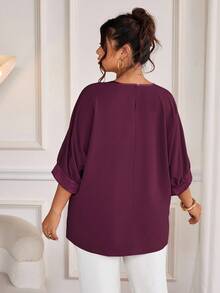 Cravure Áo thun chui đầu cổ tròn tay 3/4 vải kim loại chắp vá màu tương phản vải dệt cổ tay áo raglan thường ngày đi chơi đi làm dự tiệc - Màu Đỏ Sâu - Xem 2