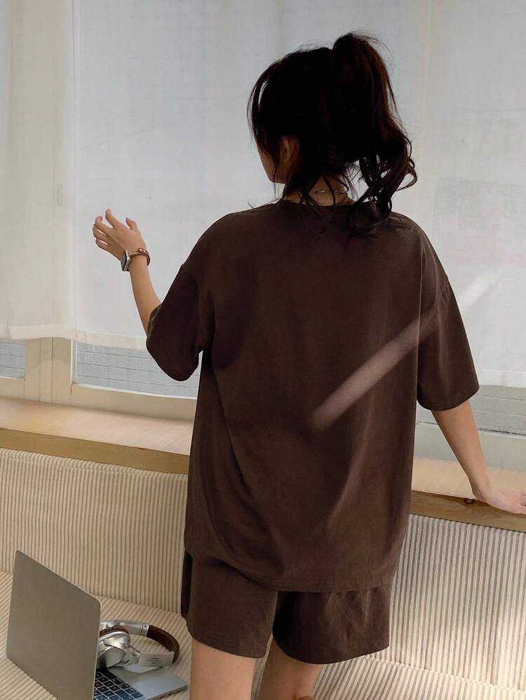 2pcs/Set Women Printed Loose Casual Short Sleeve Pajama Set