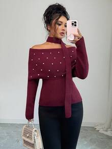 Elenzga Femmes Élégant Doux Perles Épaules Dénudées Col Roulé Chandail Avec Design Écharpe Drapée, Convient Pour Noël, Nouvel An, Cadeaux d'Action de Grâce, Automne/Hiver - Rouge foncé - Voir 1