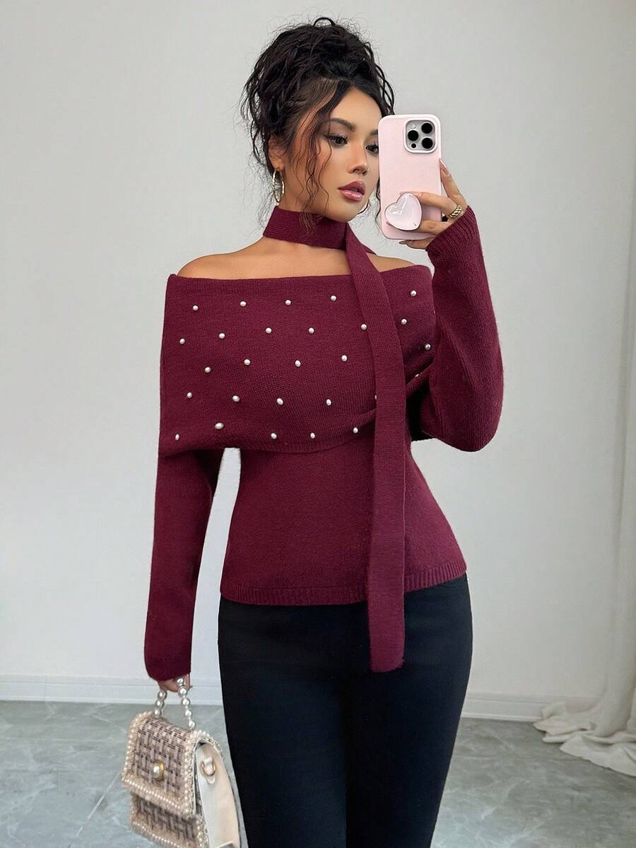 Elenzga Femmes Élégant Doux Perles Épaules Dénudées Col Roulé Chandail Avec Design Écharpe Drapée, Convient Pour Noël, Nouvel An, Cadeaux d'Action de Grâce, Automne/Hiver - Rouge foncé - Voir 1