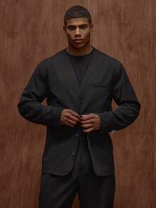 Musero Long Sleeve Pin Stripe Collarless Button Up Blazer /Winter Tailoring - Black and White - View 1