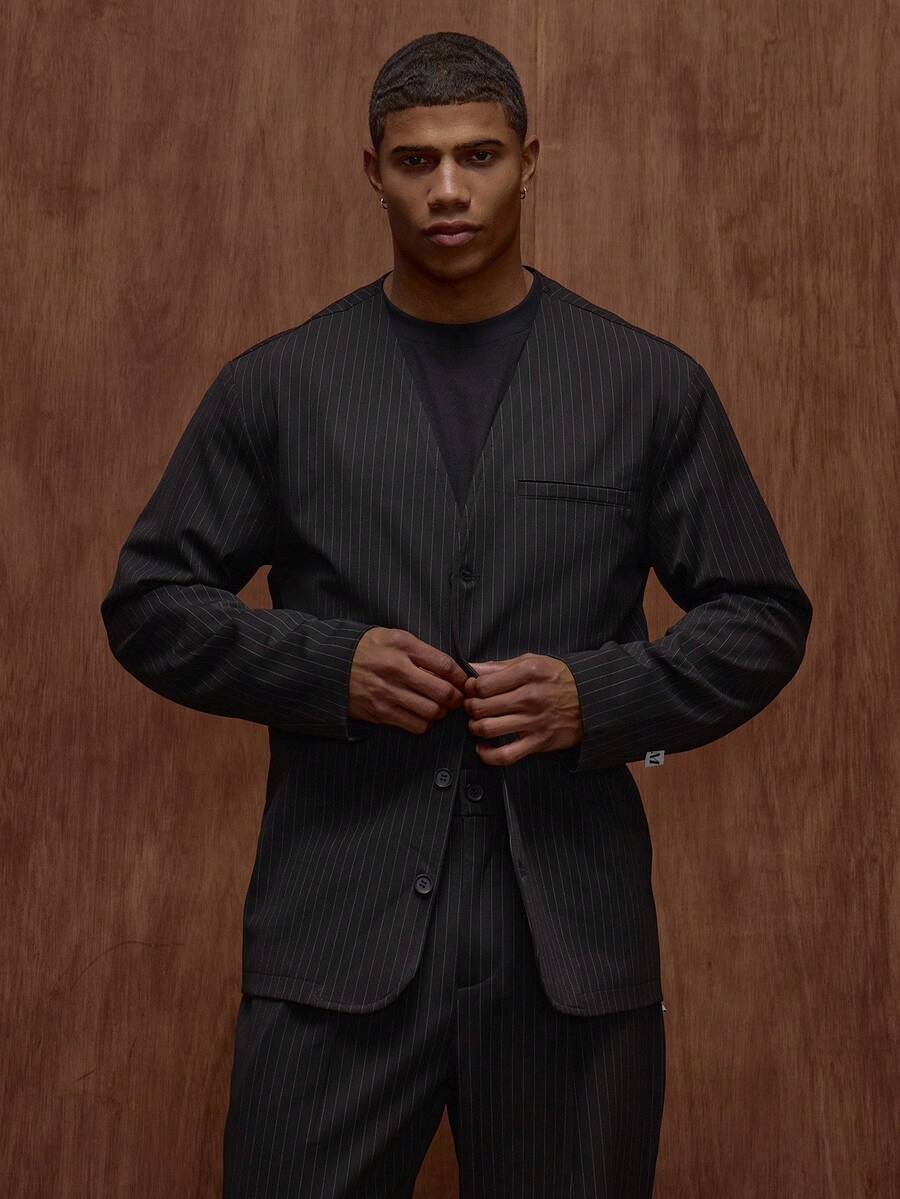 Musero Long Sleeve Pin Stripe Collarless Button Up Blazer /Winter Tailoring - Black and White - View 1