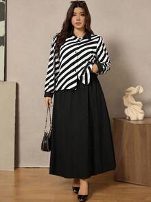 Zelara Conjunto informal de 2 piezas de camisa de manga larga con botones a rayas y falda evasé para mujer de talla grande