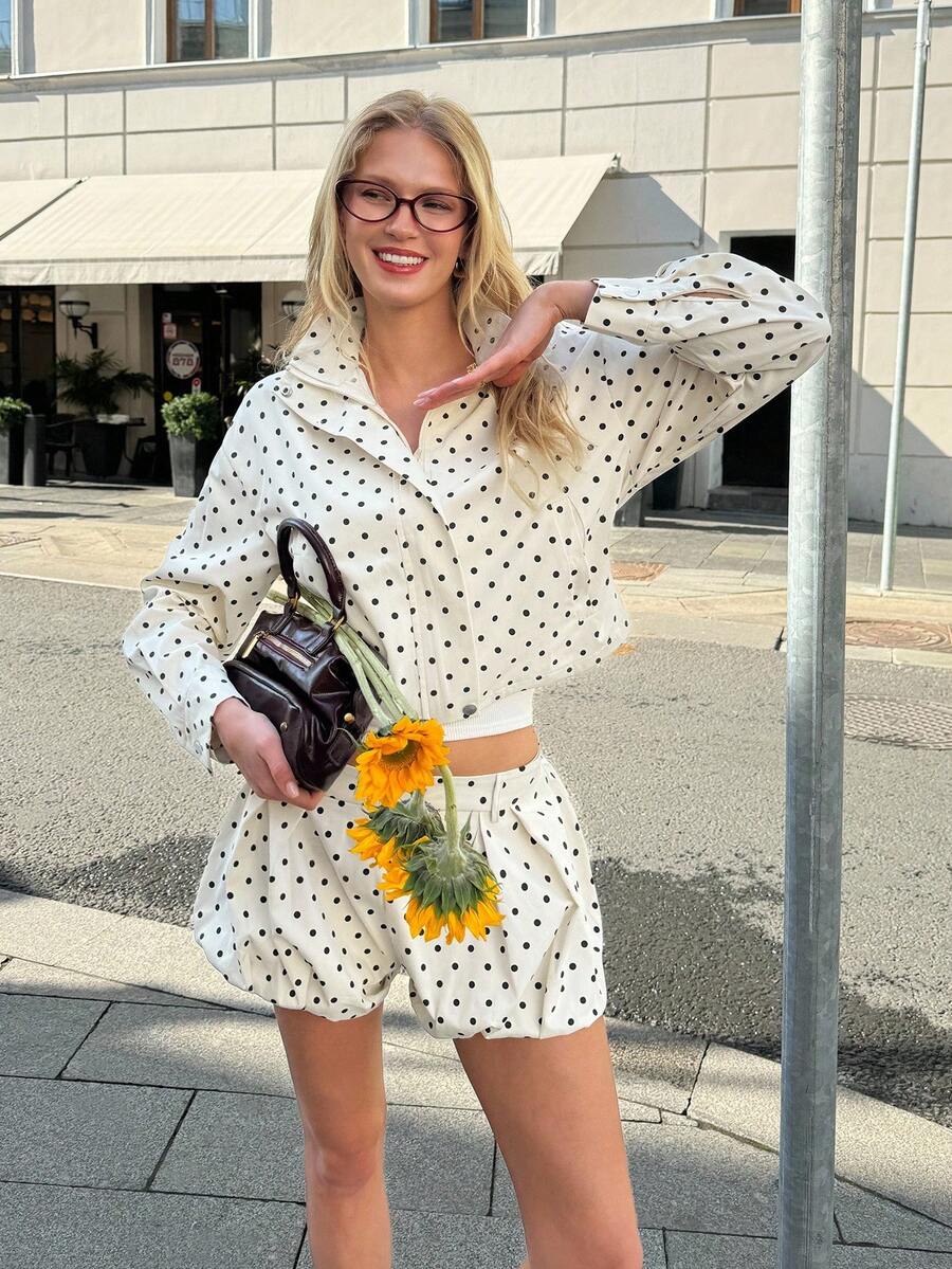 Muvela Women's Polka Dot Long Sleeve High Collar Jacket, Retro Elegant French Style, Suitable For Gatherings With Friends, Daily Outings, Dates, Valentine's Day, Afternoon Tea, Airport Outfits, Autumn, Teacher's Day