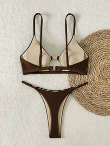 Swim SXY Phụ kiện kim loại gợi cảm cho kỳ nghỉ hè trên bãi biển dành cho nữ, dây mảnh, quần lọt khe, bộ bikini gợi cảm - màu nâu - Xem 2