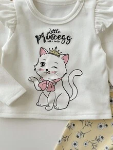 SHEIN 2pcs Newborn Baby Girl Outfit, Long Sleeve Knit White Ruffle Cute Cartoon Kitty Top And Pink Star Print Leggings Set, Suitable For Party, Home And Other Occasions Fall Winter - Yellow - View 6