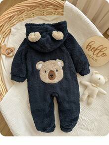 新生男婴可爱蓬松海军蓝卡通印花连帽连体衣 - 藏蓝色 - 查看 1