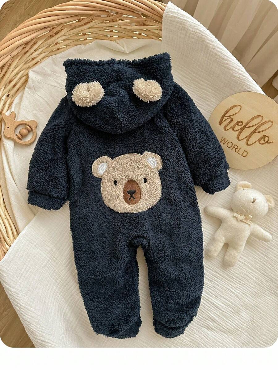 新生男婴可爱蓬松海军蓝卡通印花连帽连体衣 - 藏蓝色 - 查看 1