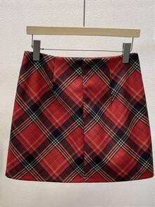 SHEIN Franclia 女士复古红色格子迷你裙，秋冬 - 紅色 - 查看 2