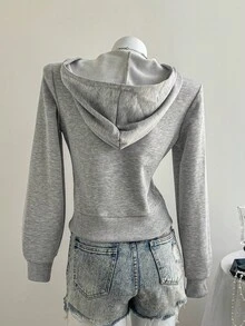 Elamini 女士灰色纽约市名称及号码92印花图案开襟口袋长袖罗纹拉链卫衣，休闲舒适百搭的秋冬外套 - 灰色 - 查看 2