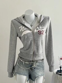 Elamini 女士灰色纽约市名称及号码92印花图案开襟口袋长袖罗纹拉链卫衣，休闲舒适百搭的秋冬外套 - 灰色 - 查看 5