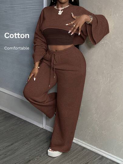Slaydiva 2024 New Casual Basic Solid Color Long Sleeve Cropped Top, Camisole, And Loose Pants 3 Pieces Set For Women,Cozy Fall And Winter Clothes For Women