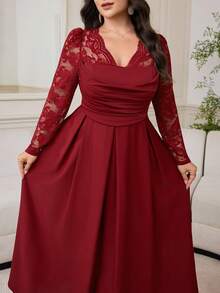Modelyn Lace Patchwork Long Sleeve Solid Color Waist Cinched Plus Size Dress For Women - Burgundy - View 6
