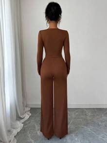 Elenzga Women's Elegant Office Commute Afternoon Tea Party Asymmetric Hem Long Sleeve Blazer Jacket And Elastic Waist Pants 2 Pieces Suit Set, Autumn/Winter Fall Cloth For Women - Brown - View 2