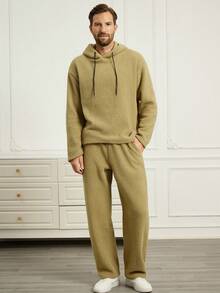 Manfinity Homme Men's Plush Fabric Drop Shoulder Hoodie And Loose Fit Pants Set, Fall Clothes - Army Green - View 3