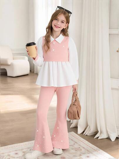 SHEIN 2-delat set för flickor: Pärldekorerad, åtsittande långärmad skjorta + smala, utsvängda byxor, avslappnad outfit för vår/höst