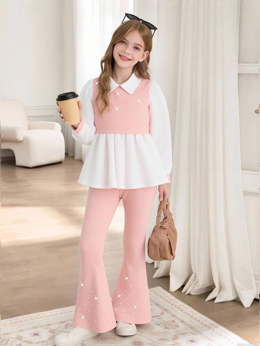 SHEIN 年轻女孩两件套：珍珠装饰修身长袖衬衫 + 修身喇叭裤，春秋季休闲装 - 粉色 - 查看 1