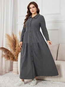 Lacomfia Plus Size Women Elegant Solid Color Button Front Knit Dress, Autumn - Dark Grey - View 6
