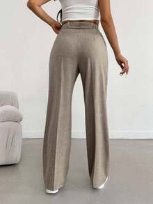 EURMUSE 大码女式灰色混色高腰阔腿裤，带纽扣和拉链细节 - 米色 - 查看 2