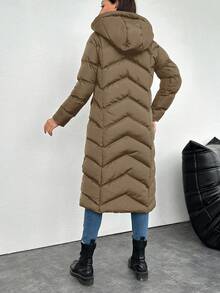 EURMUSE Women's Solid Color Hooded Drawstring Long Cotton Padded Coat, Winter - Camel - View 2