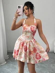 Elenzga 度假乡村春季花卉印花弹性腰部 A 字型优雅浪漫女士连衣裙 - 彩色 - 查看 6