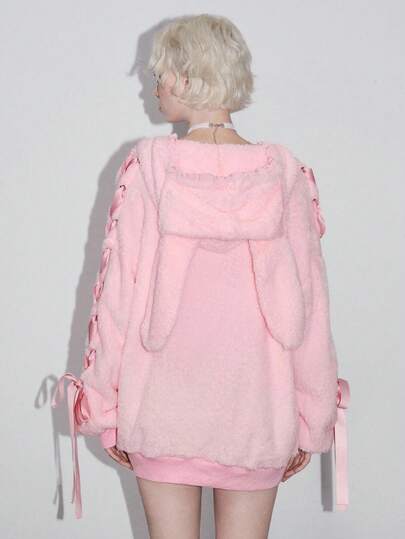 Kawaii Sweat-shirt-shirt femme avec décoration de ruban à nœud papillon en dentelle et oreilles de lapin