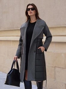 SHEIN Tall Tall Size Women Long Padded Patchwork Coat For Autumn And Winter - Black - View 3