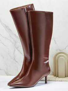 SHUZIA 女式中棕色高跟简约基本款休闲日常舒适PU巧克力色高跟靴 - 巧克力棕 - 查看 6