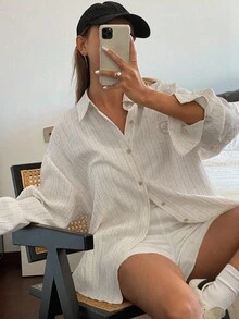 Livesso Casual Vintage Coin Loose Striped Long Sleeve Women Shirt, Spring/Summer - Apricot - View 6