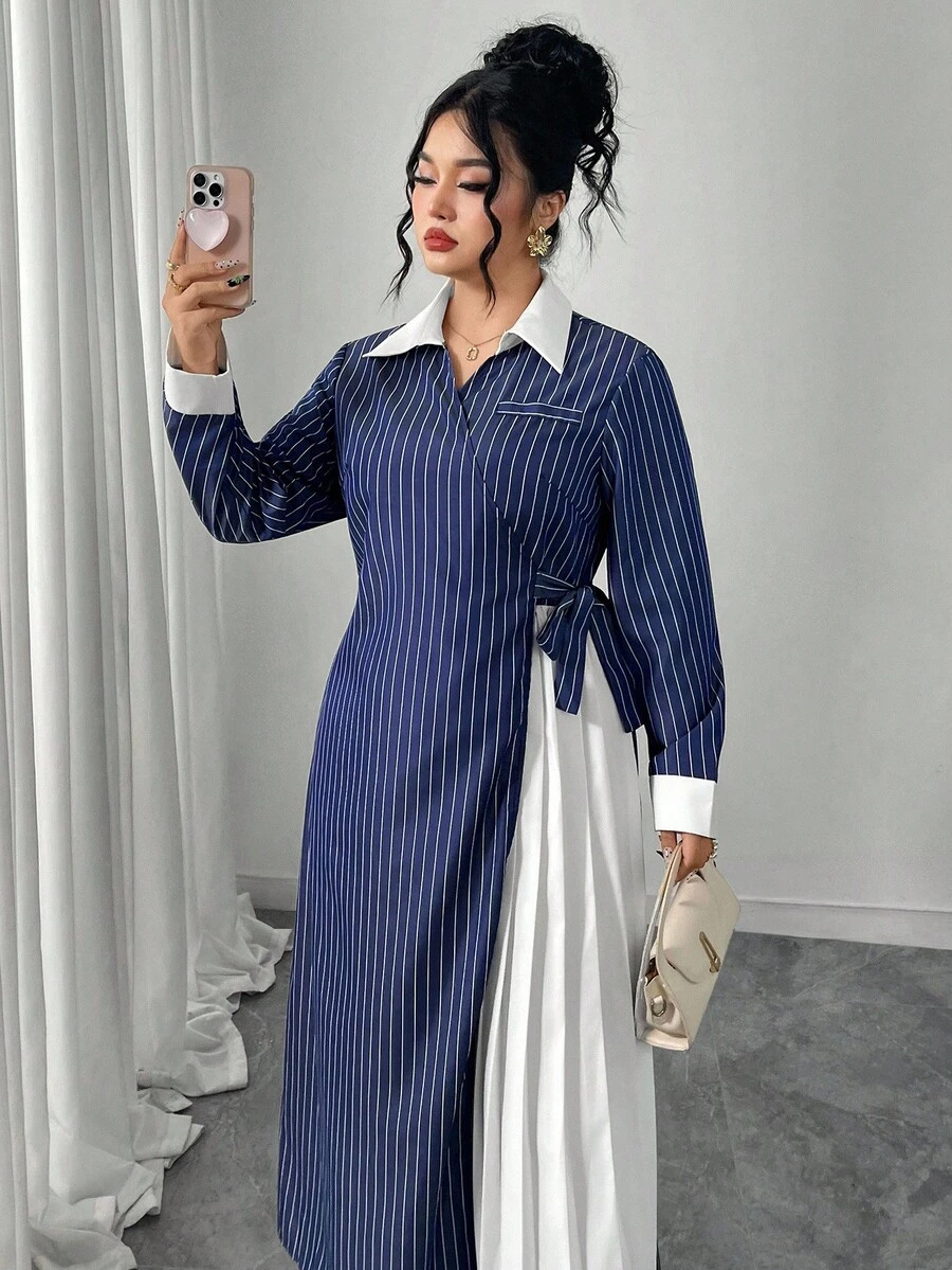Modelyn Plus Size Women Elegant Striped Patchwork Pleated Long Shirt Dress - Blue - View 1