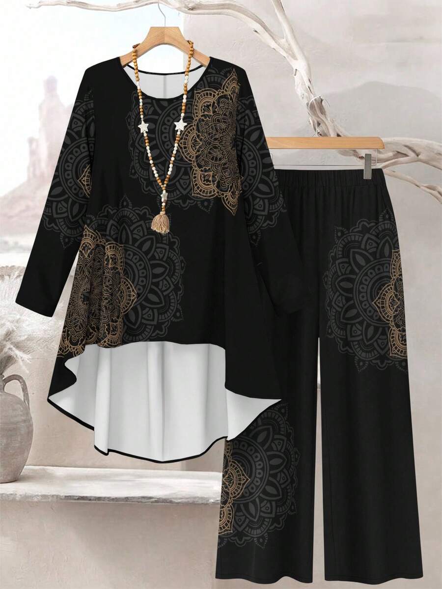 Lacomfia Conjunto de 2 piezas de top de cuello redondo y pantalones de ajuste holgado con estampado digital de acuarela floral para mujer - Multicolor - Ver 1
