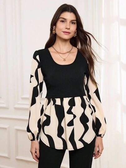 Miaspire 女士u領泡泡袖上衣,弧形下擺和a字剪裁,春/夏款針織雙色拼接