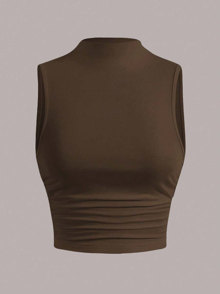 SHEIN EZwear Màu thuần Đứng cổ áo - màu nâu - Xem 1