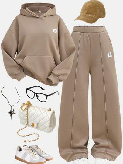 SHEIN Girlism 2 st/set tonårsflickor enfärgade bruna lösa casual vintage- och amerikanska stilar med engelsk text och grafisk huvtröja och mjukisbyxor, lämplig för höst/vinter, skolstart, termofodrad brunt set för tonårsflickor, flickkläder, brunt outfitset