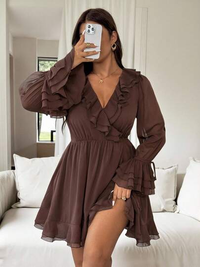 Vionelle Plus Size Women Elegant French Romantic Sicily Chiffon Crossover Wrap Tie Ruffle Sleeve Hem Long Short Dress, For Casual, Commute, Vacation, Afternoon Tea, Party Fall Cloth For Women