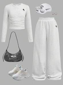 SHEIN Bộ đồ liền thân 2 món gồm áo len dài tay màu xám trơn đơn giản và quần dài cho bé gái tuổi teen, Bộ đồ liền thân thoải mái, tay dài, phù hợp mặc thường ngày vào mùa thu đông - Màu Xám nhạt - Xem 2