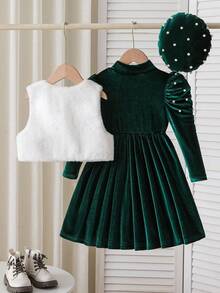 Elladie kids 3pcs/Set Elegant Stylish Young Girls Outfit, Includes Furry Vest, Velvet Pearl Embellished Turtleneck Dress, And Hat, Suitable For Parties, Christmas And Other Occasions, Autumn/Winter Fall Princess Halloween/Christmas Party Dresses For Vacation Autumn And Winter - Green - View 4