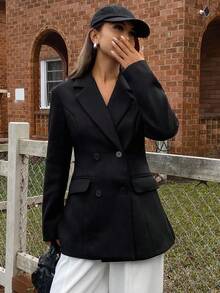 DAZY 女士翻领长袖修身大衣外套 - 黑色 - 查看 4