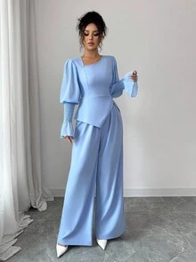 Selianne 2pcs Set: Elegant Romantic Asymmetric Collar Cinched Waist Split Hem Straight Leg Pants, Women Fall Cloth For Women - Dusty Blue - View 6
