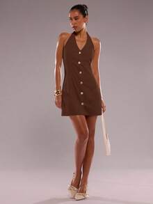 SHEIN BAE 女式性感纯色前扣露背吊带迷你连衣裙，夏季 - 棕色 - 查看 3