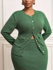 Veslaya 秋冬新款大码女装优雅派对/约会/休闲长袖单排扣针织开衫搭配修身针织中长裙套装，绿色两件套，曲线裙套装，绿色曲线连衣裙，舒适秋冬女装，女士冬季大码裙套装两件套，女士大码两件套，曲线女装两件套 - 軍綠色 - 查看 5