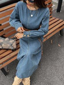 Livesso 女式秋季圆领收腰泡泡袖牛仔连衣裙 - 藍色 - 查看 6