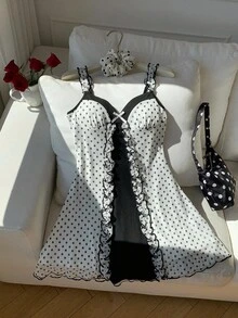 Comfortcana Women's Elegant Contrast Color Polka Dot Print Camisole Mini Dress, Summer - Black and White - View 6