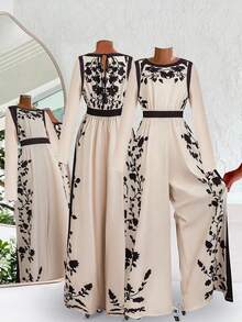 SHEIN Clasi 女式花卉印花阔腿连体裤，优雅长袖连体衣 - 杏色 - 查看 9