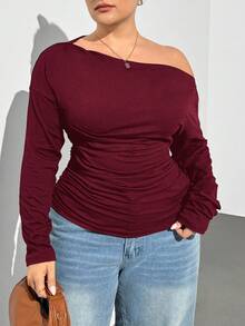 SHEIN Essnce 大码女装秋季女装新款时尚休闲通勤商务女装优雅纯色针织黑色T恤长袖上衣，露肩T恤曲线上衣长袖女上衣 - 酒紅色 - 查看 3