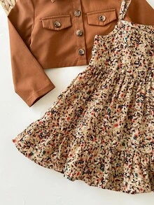 SHEIN Babygirl Ditsy Floral 休闲吊带背心裙和棕色夹克套装 - 彩色 - 查看 6