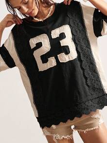 Bohemela Áo thun nữ tay ngắn cổ tròn, dáng rộng, màu trơn, họa tiết ren vá, phong cách Boho Vintage Casual - Đen và trắng - Xem 2